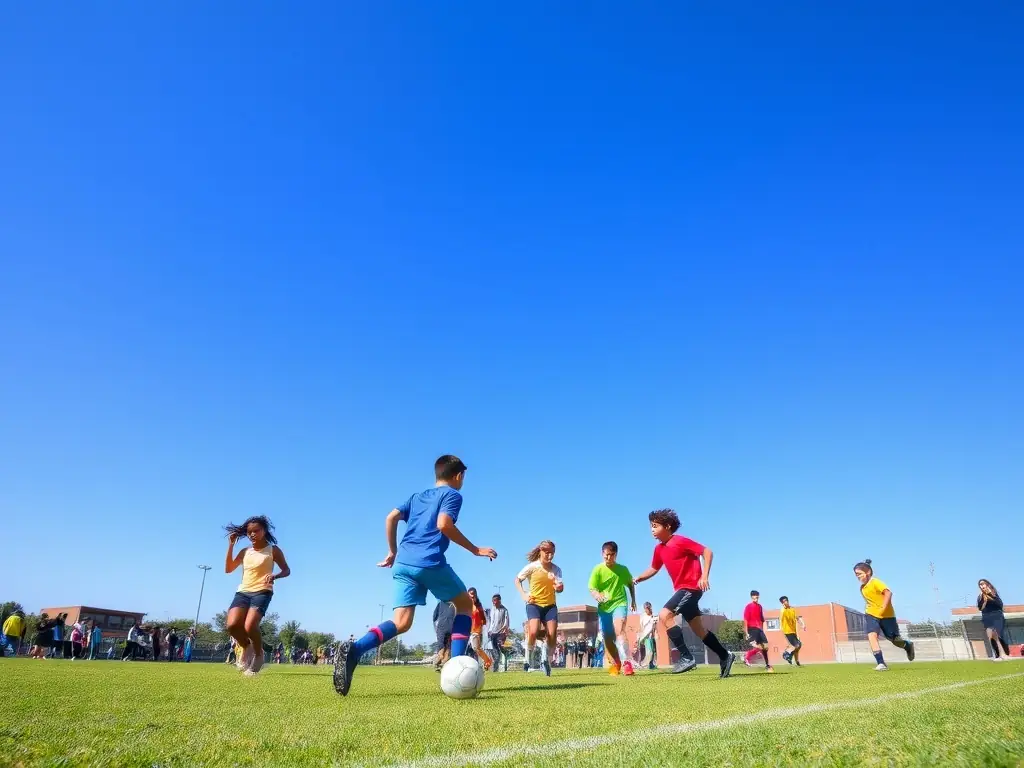 An action shot of students engaged in a soccer match at ASSOCIATION SPORTIVE DE L'EREA, emphasizing the excitement and camaraderie of team sports.