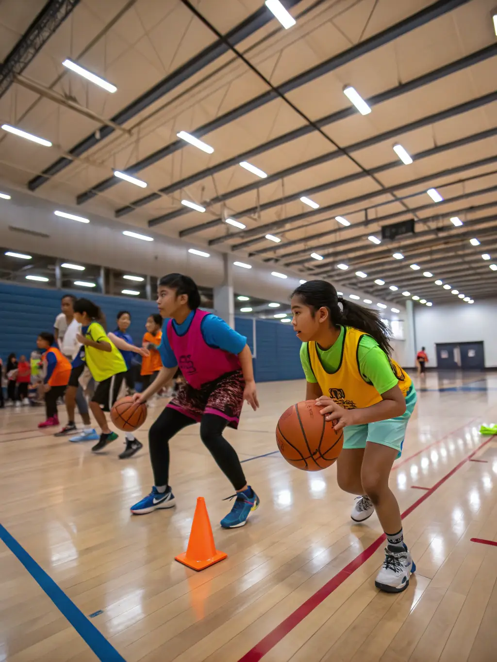 A group of students participating in a basketball training session indoors, focusing on dribbling skills with a coach providing guidance.