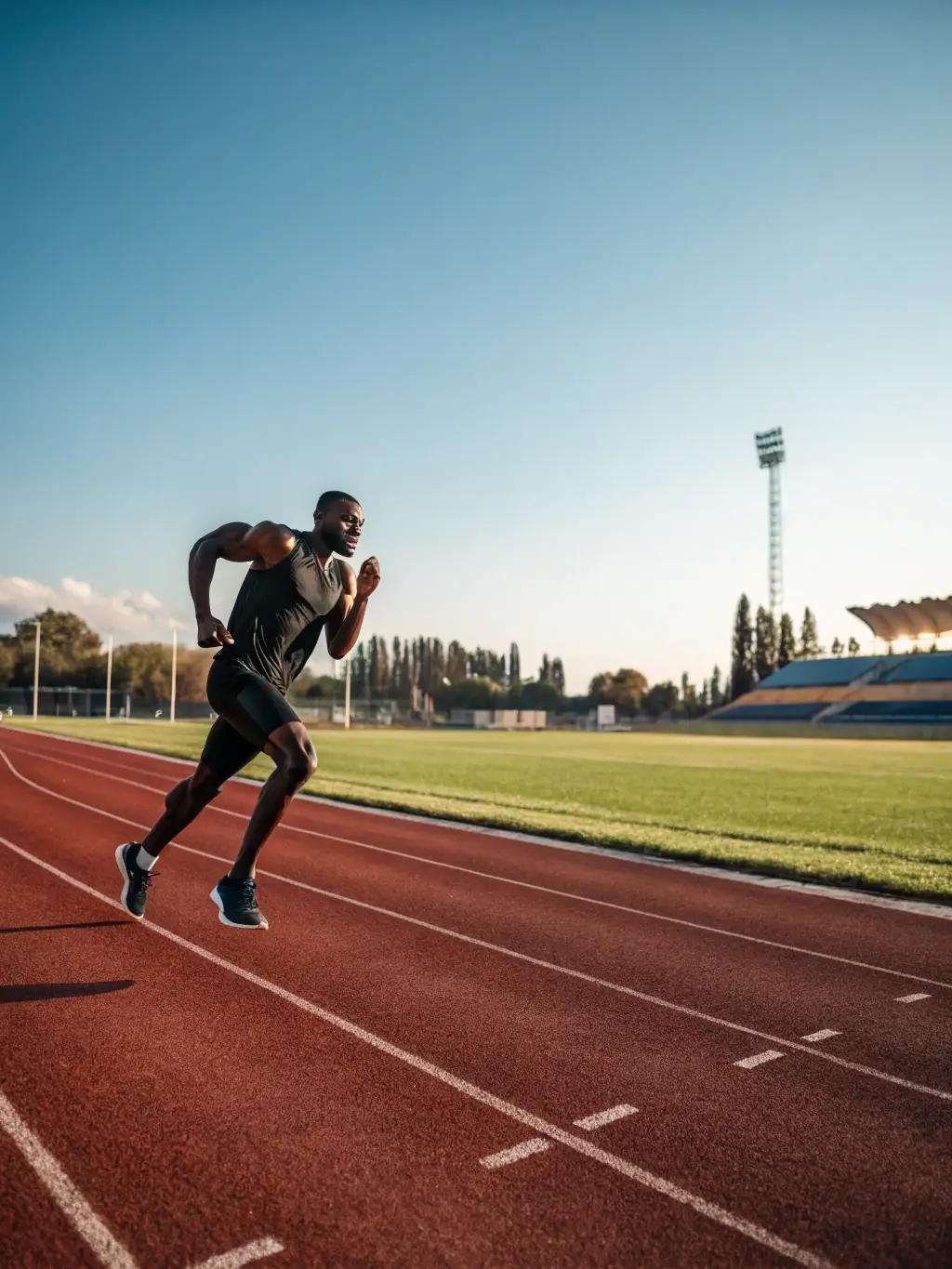 A student athlete practicing track and field, specifically the long jump, demonstrating athleticism and dedication to personal improvement.